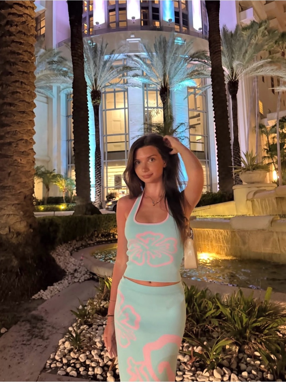 Kulani Kini’s Aqua & Pink Floral Knit Halter Crop Top + Maxi Skirt Set - Picture 8 of 8
